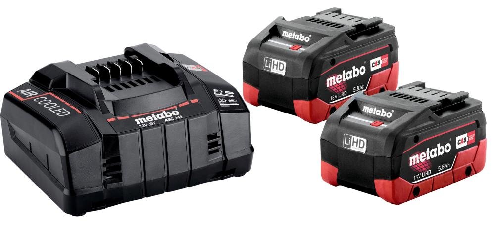 Akku-Starter Set LiHD 18,0 V 2 x 5,5 Ah Metabo Ladegerät ASC 145 metaBOX