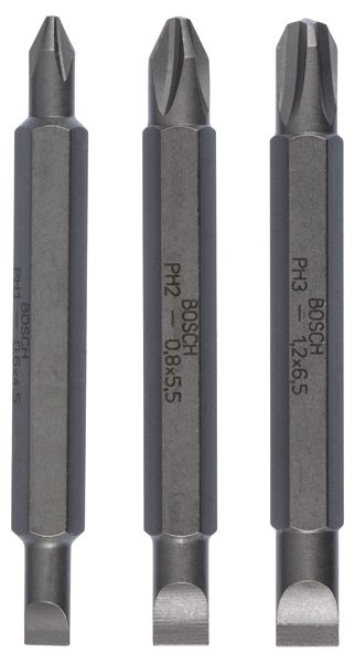 Doppelklingenbit-Set, 3-teilig, S0,6x4,5, PH1, S0,8x5,5, PH2, S1,2x6,5, PH3,60mm