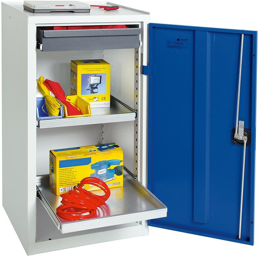 Beistellschrank B500xT500xH1000 mm RAL 7035/5010 1 Schublade, 2 Wannen