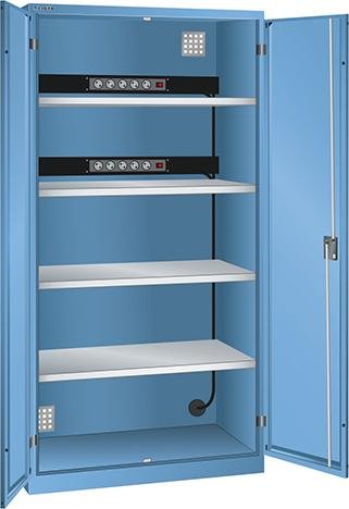 Akku-Ladeschrank B1000xT580xH1950mm RAL 5012,Vollblechtür 2x5-fach Leiste,4Böden