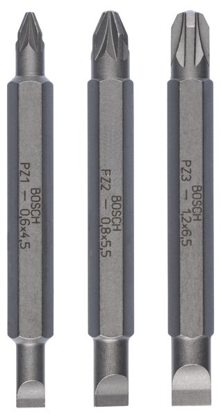 Doppelklingenbit-Set, 3-teilig, S0,6x4,5, PZ1, S0,8x5,5, PZ2, S1,2x6,5, PZ3,60mm