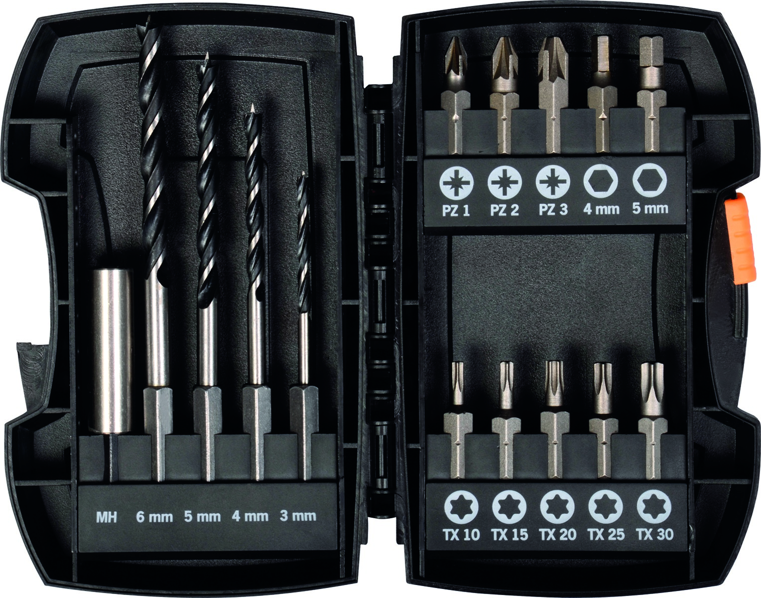 Bohrer-Bit-Box 15-tlg. Holzbohrer mit E 6.3 Schaft Ø 3, 4, 5, 6 mm Bits: PZ, TX, Hex