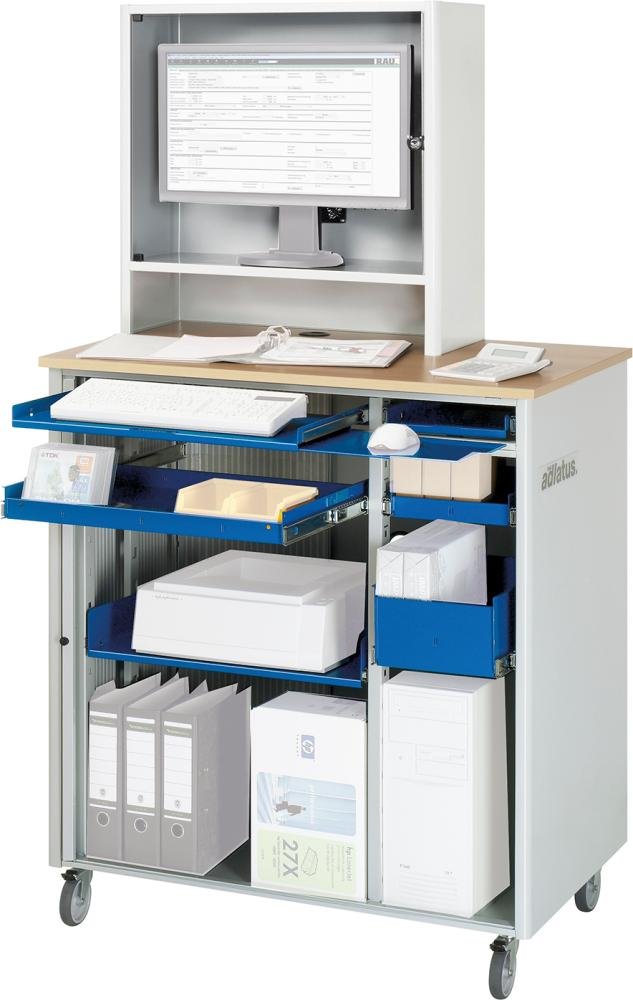 Computer-Tisch B1030xT660xH1810 mm RAL 7035/5010 mobil Gehäuse mit Tür