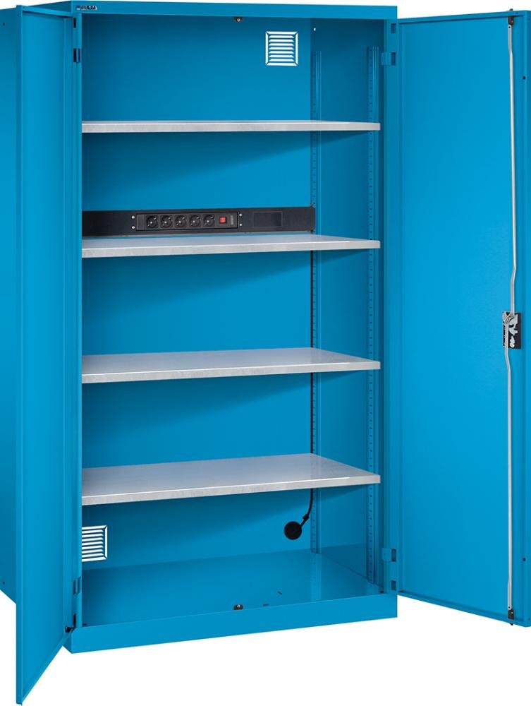 Akku-Ladeschrank B1000xT580xH1950mm RAL 5012,Vollblechtür 1x5-fach Leiste,4Böden